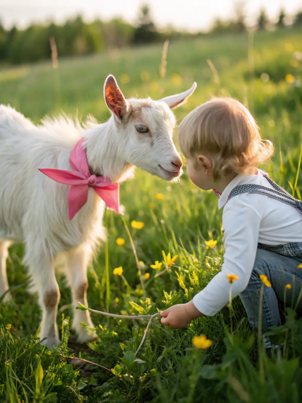 A portrait photo of a Boer goat, showcasing its muscular build and distinctive white body with a red head, in a Canadian farm setting with green pastures.