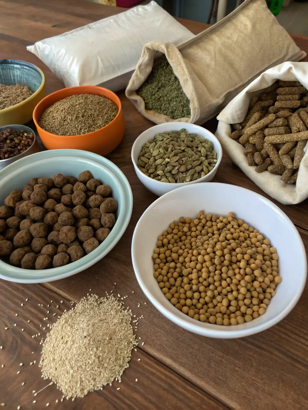 A close-up shot of high-quality goat feed pellets, showcasing their texture and ingredients, in a well-lit barn setting.