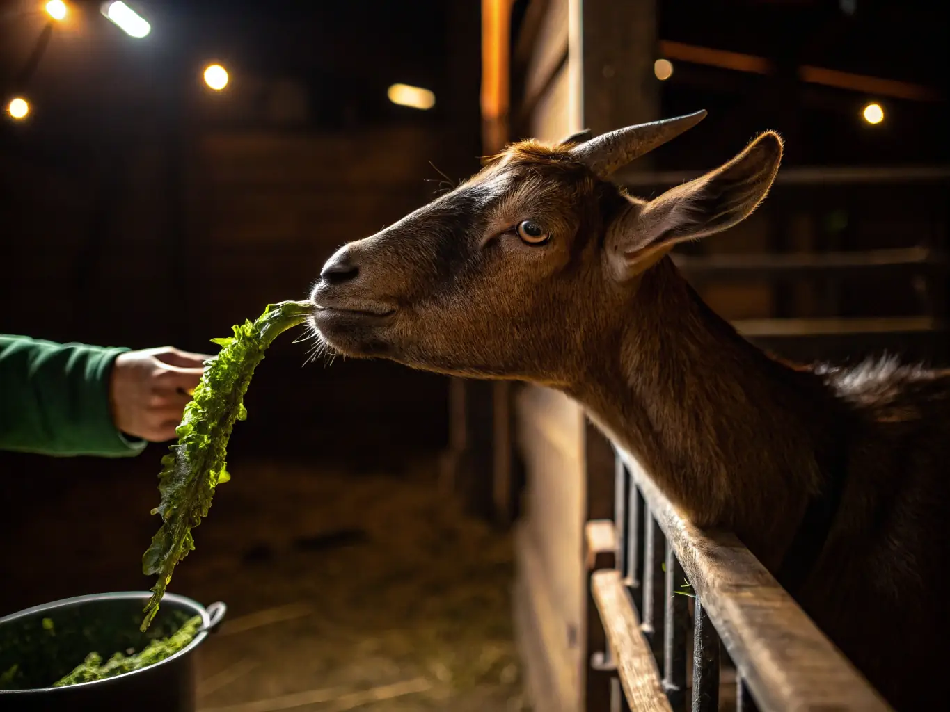 A close-up shot of a farmer carefully feeding goats in a clean and organized feeding area. The image highlights the importance of proper nutrition in goat farming and the dedication of Canadian farmers to animal welfare.