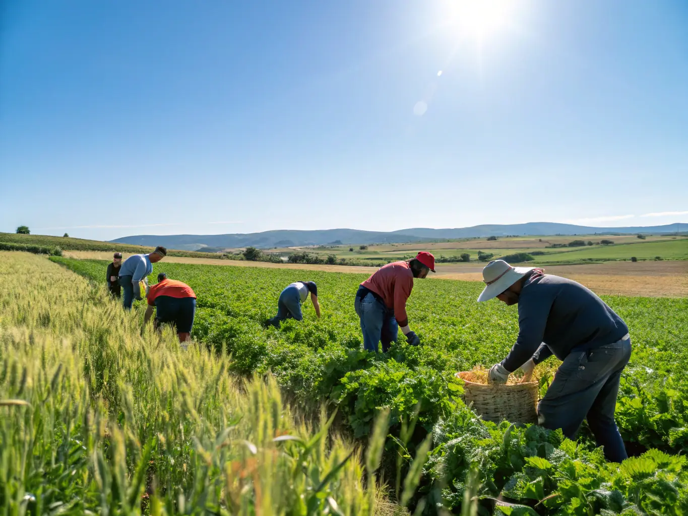 A group of Canadian farmers working together in a field during harvest season, showcasing the community spirit and hard work involved in rural farming.