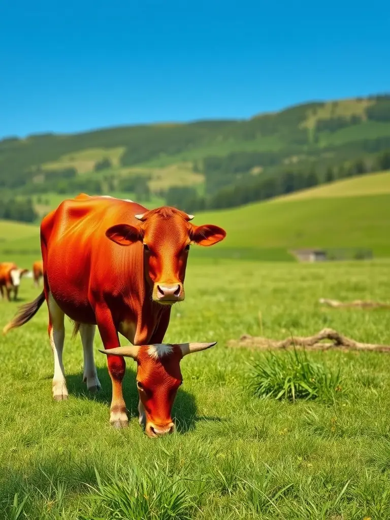 A photograph of a Boer goat, known for its meat production, grazing in a lush green Canadian pasture with a clear blue sky in the background.