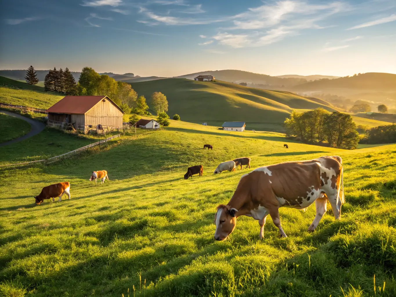 A picturesque image of a well-maintained goat farm in the Canadian countryside, showcasing healthy goats grazing in a green pasture with a clear blue sky in the background. The scene emphasizes the beauty and productivity of Canadian goat farming.