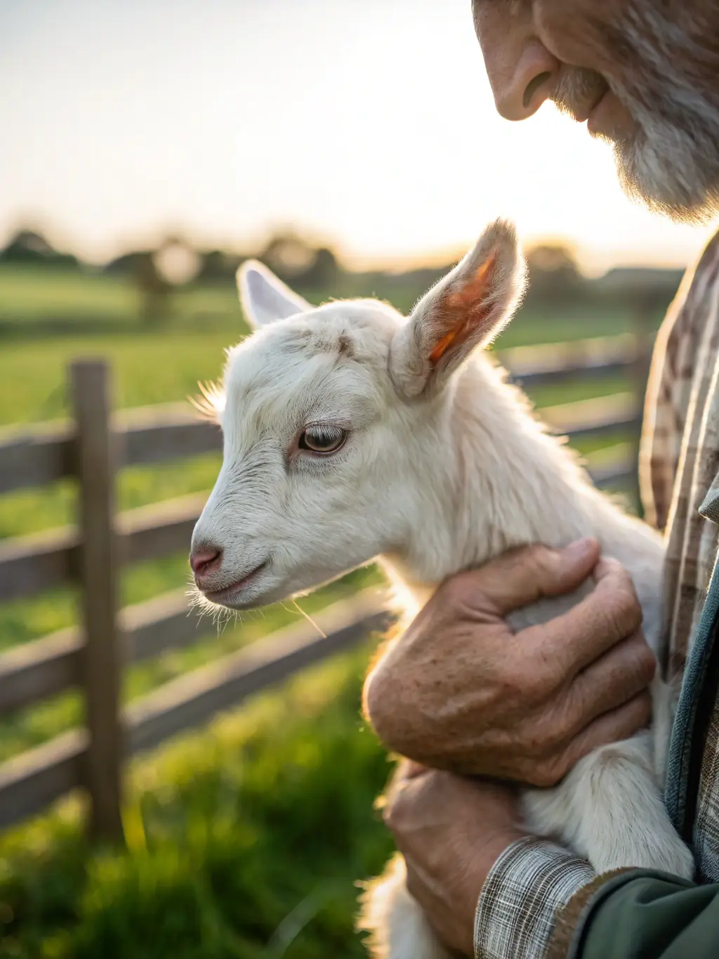 A photograph of a Nigerian Dwarf goat, known for its small size and friendly nature, being cared for by a Canadian farmer in a small-scale farm setting.