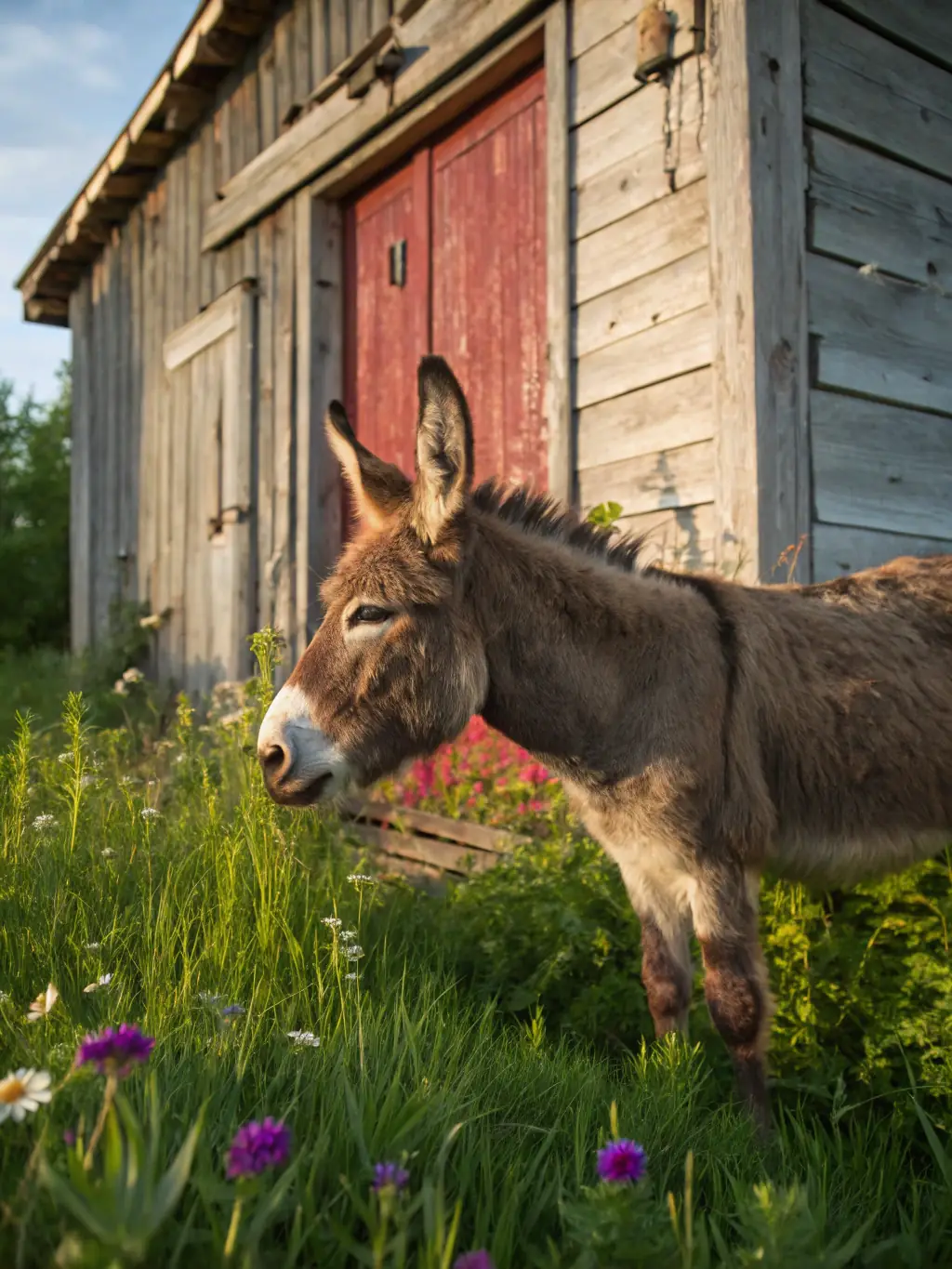 A portrait photo of a Nubian goat, emphasizing its long, floppy ears and unique appearance, in a Canadian farm environment with a rustic barn in the background.